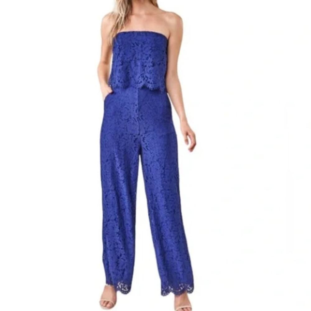 Sugar Lips Blue Lust for Luv Strapless Lace Lined Jumpsuit Pockets Medium NWT